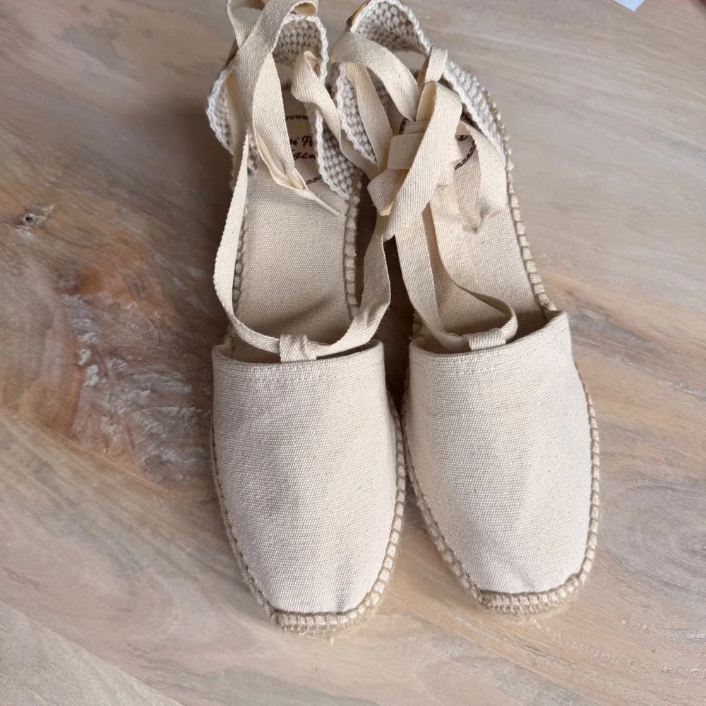 Toni Pons Valencia Espadrille Wedge Womens Cream Canvas Ankle Tie Spain Sandals
